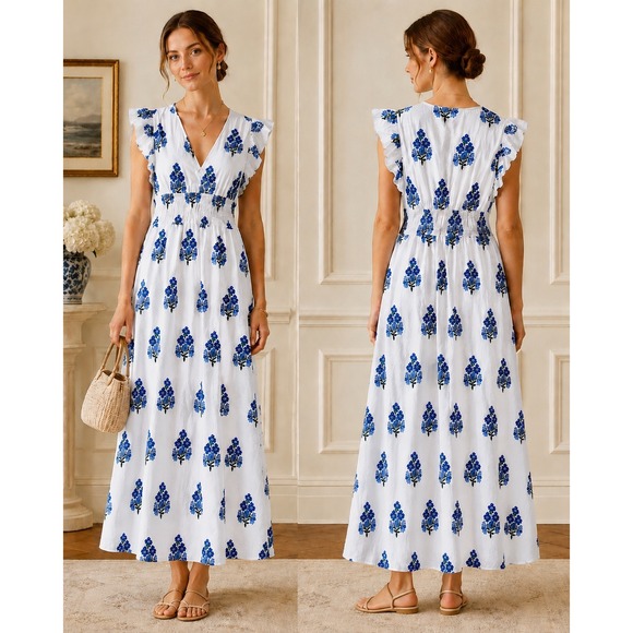 Sail to Sable Dresses & Skirts - NWT Sail to Sable Blue White Floral Cotton Resort Maxi Dress Smocked Flutter M